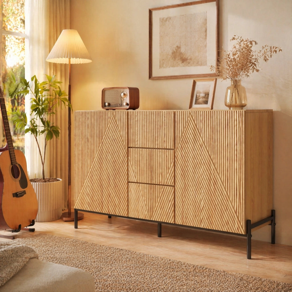 Credenza con 2 ante e cassetto centrale in MDF effetto legno naturale con gambe in ferro 115,5 × 40 × 76 cm