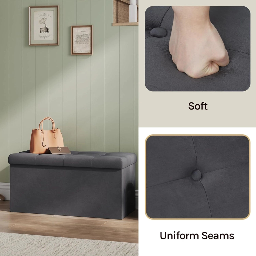 Panche contenitore per ingresso Cassapanca Pieghevole Ottomane in velluto, Max Portata Statica di 300 kg, 80 L, 76x37,5x38 cm Grigio