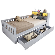 Letto Singolo 90x200 cm con Cassetti; Mensole; LED; USB e Type-C in Legno Grigio