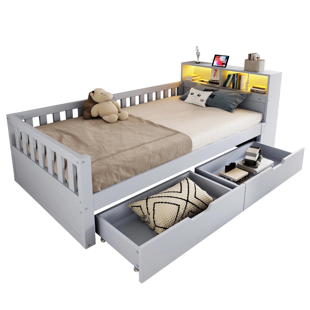 Letto Singolo 90x200 cm con Cassetti; Mensole; LED; USB e Type-C in Legno Grigio