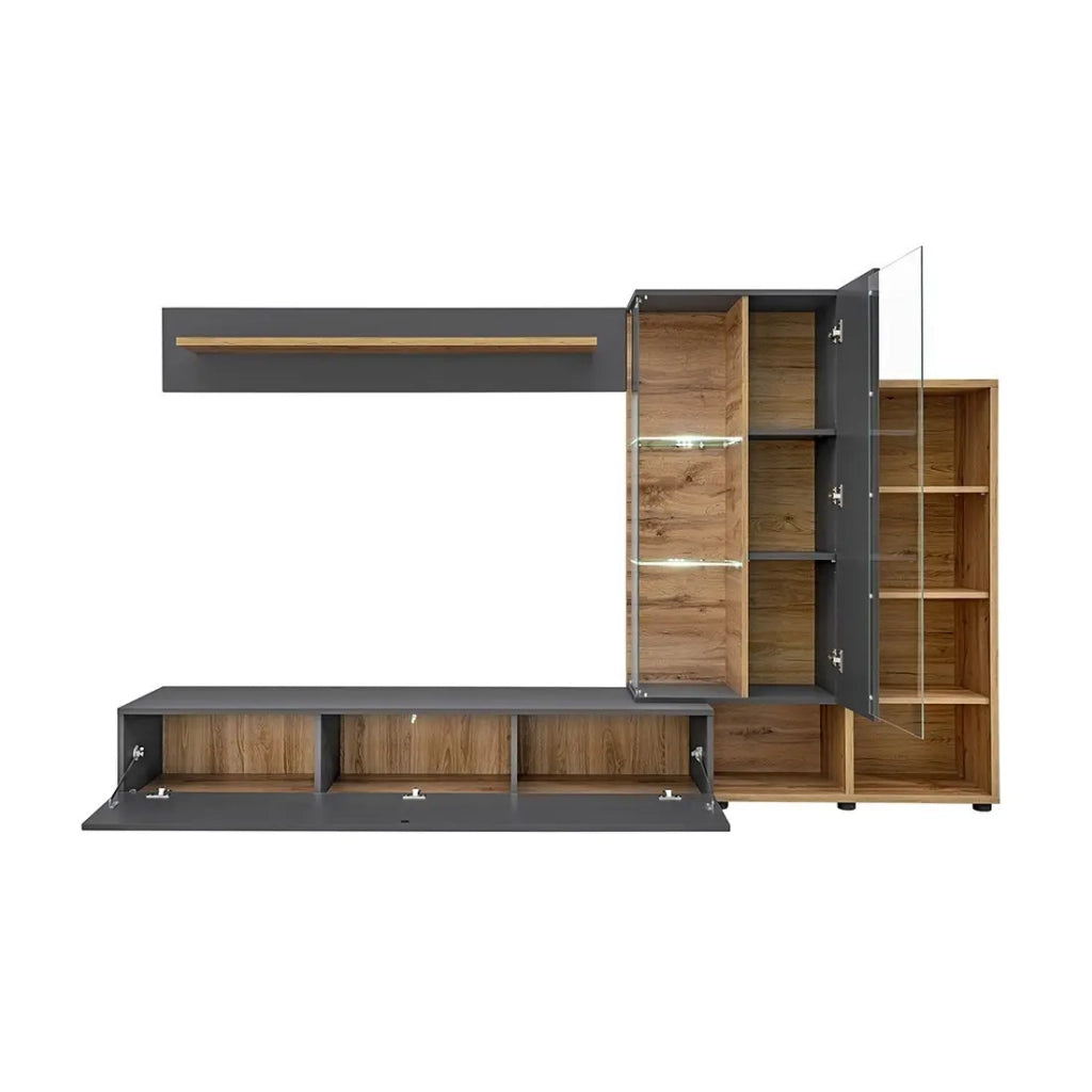 Composizione murale collezione KLIS 2 colori grigio antracite e quercia. LED inclusi. Mobile TV di design.