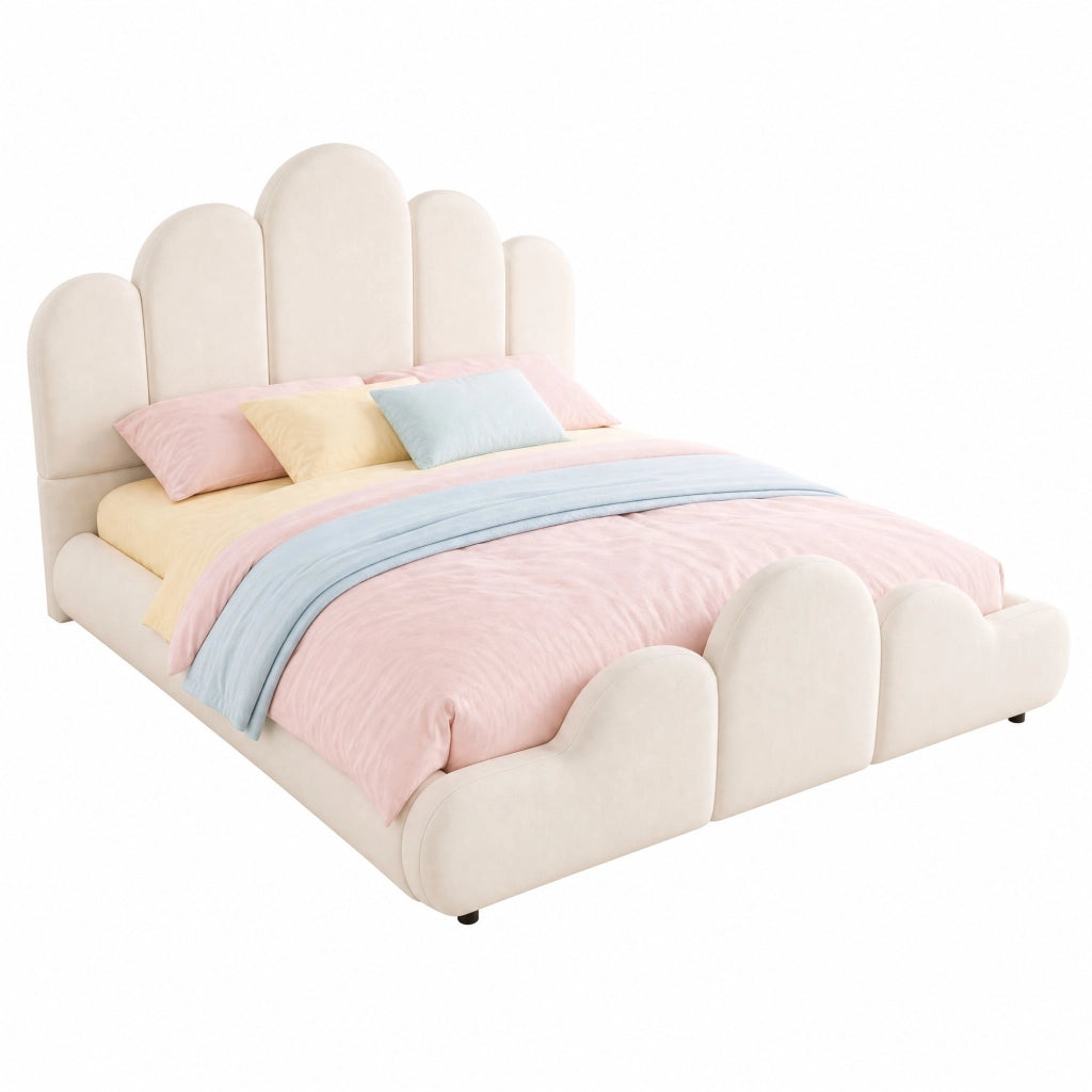 Letto imbottito 140 x 200 cm in velluto beige con testiera imbottita e struttura a nuvola