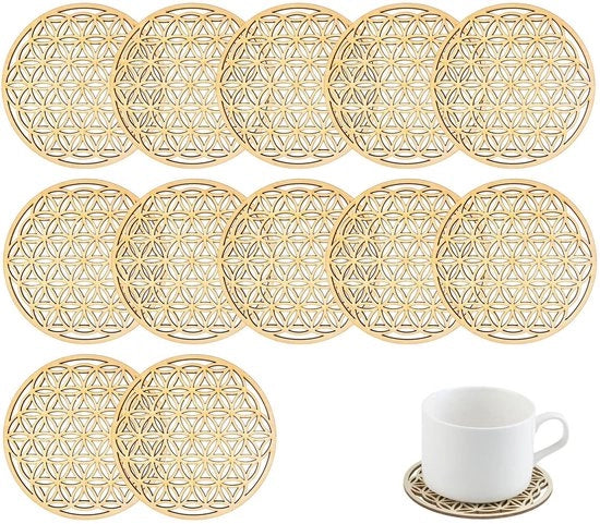 12 pezzi di Flower of Life piedini in legno, piedini in gomma retro, piedini in vetro, eleganti piedini per tazze, bicchieri, piatti con piede rotondo, mobili protettivi