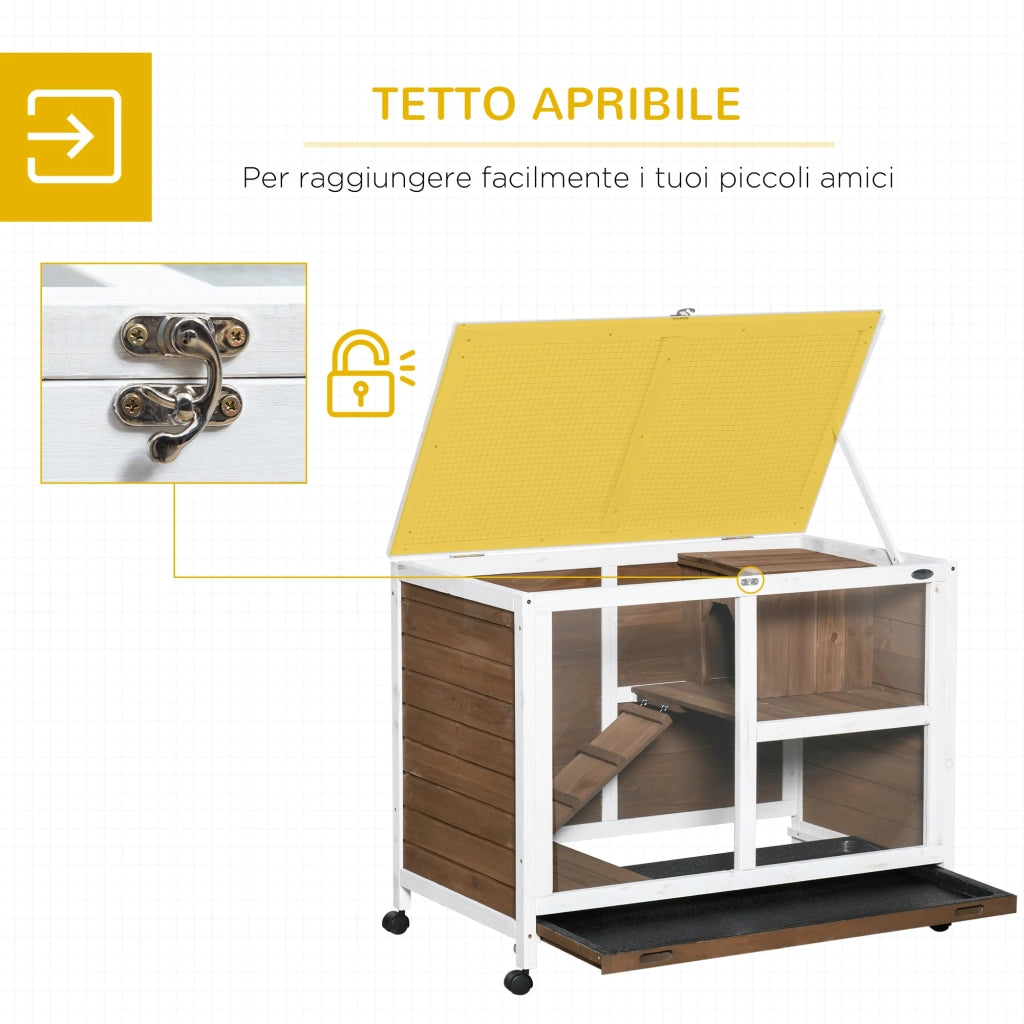 Conigliera a 2 Livelli con Casetta Rampa e Vassoio Estraibile 91,5x53,3x73 cm in Legno di Abete Marrone