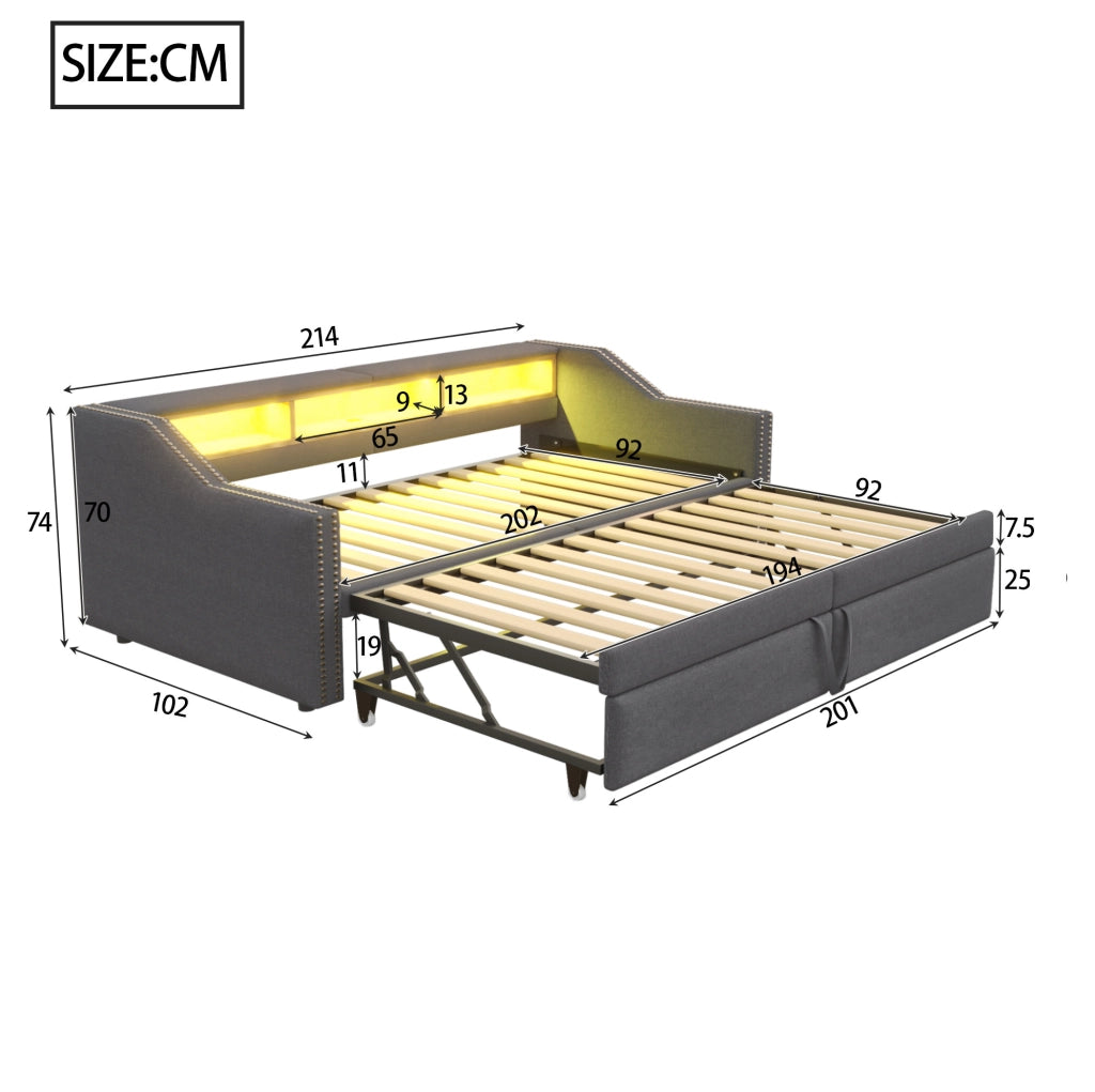 Divano letto imbottito estraibile 90/180 x 200 cm in tessuto effetto lino; grigio scuro