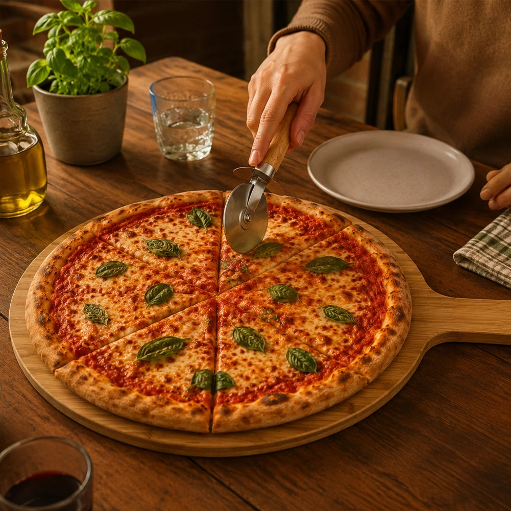 Tagliere per Pizza Ø34 cm in Bambù con Coltello Taglierina con Rotella in Acciaio Inox