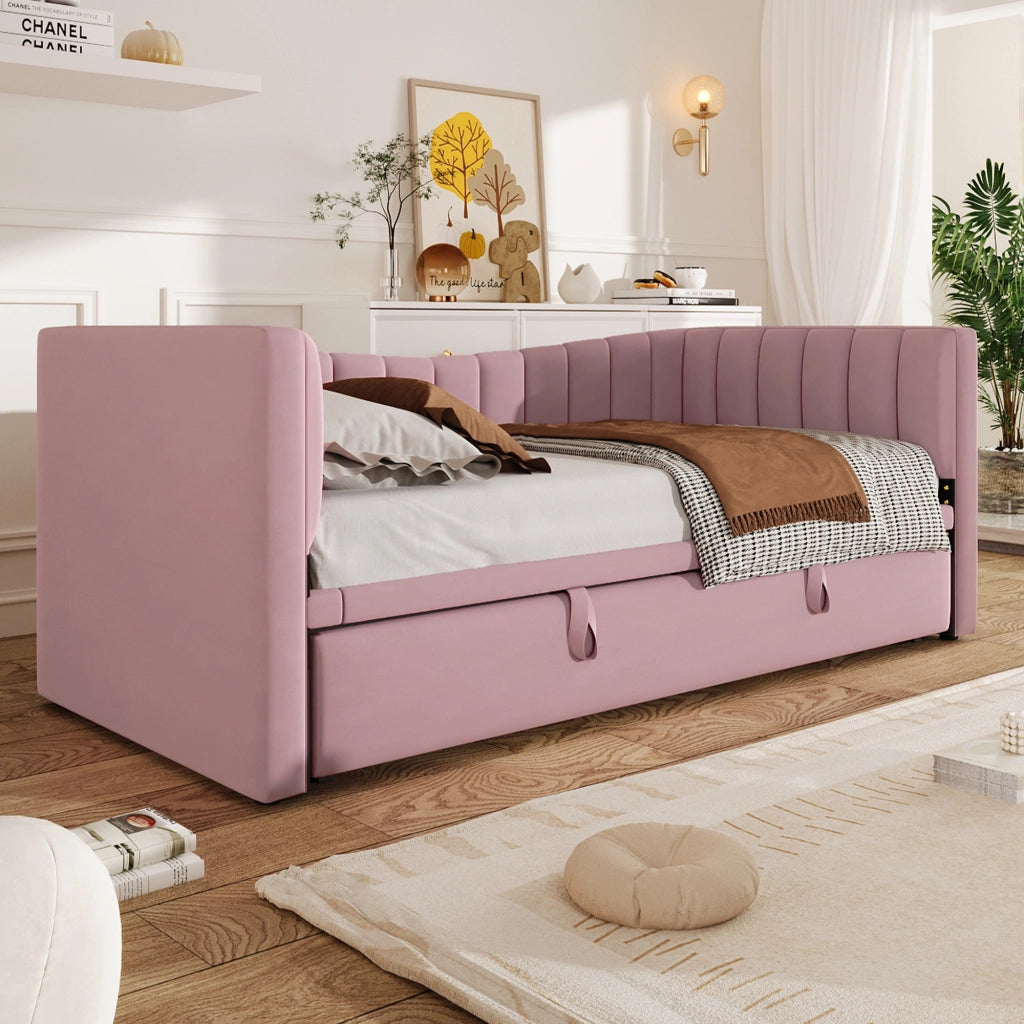 Letto pieghevole con estrazione velluto rosa 90x200 cm