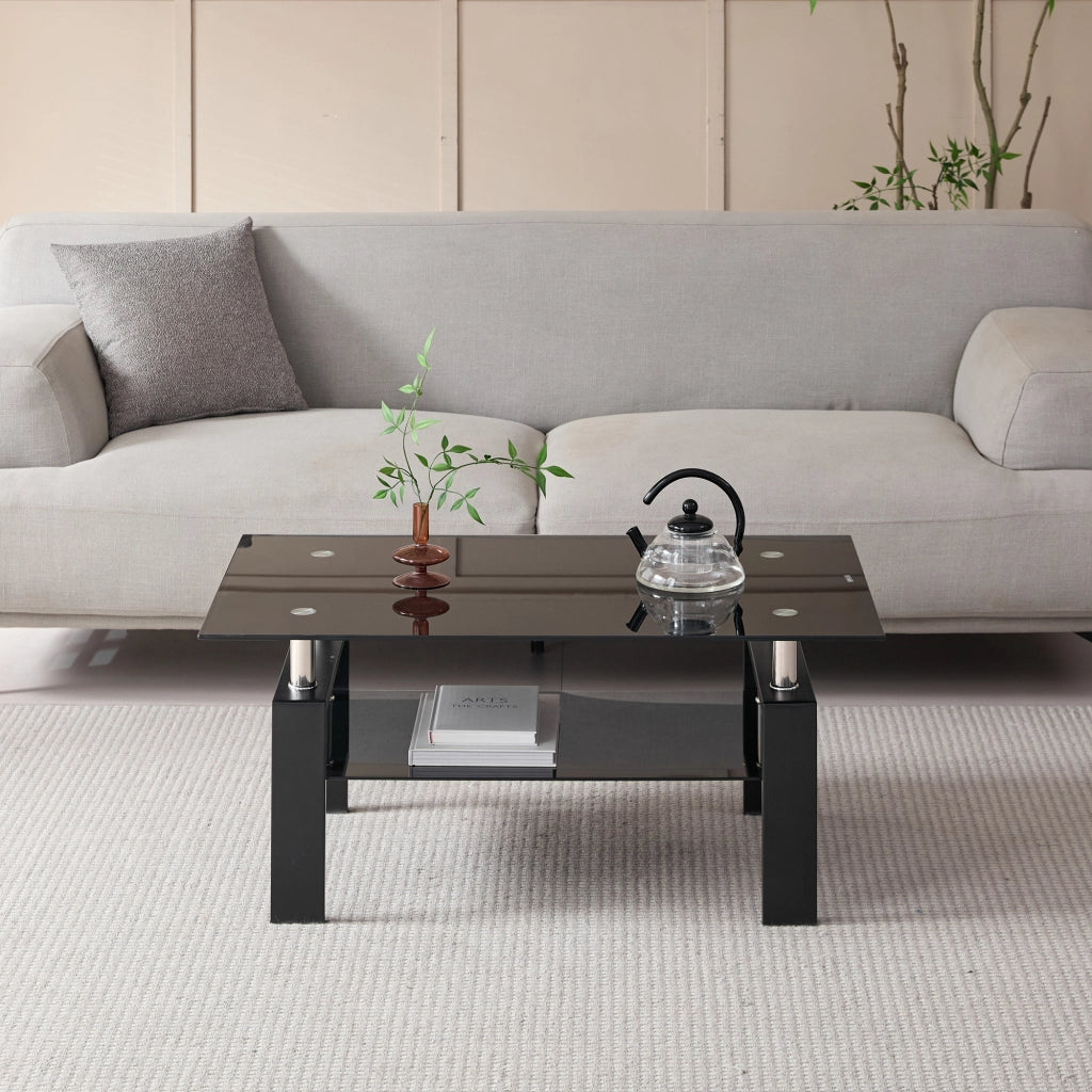 Tavolino da caffè con 2 ripiani - per soggiorno - in vetro e metallo - 100x60x44 cm - nero