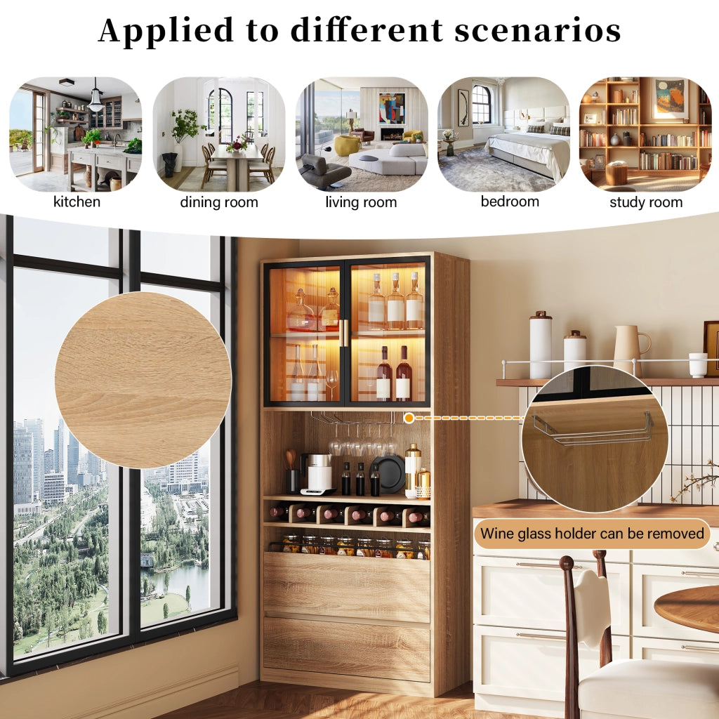 Mobile con ante in vetro; LED e cassetti - per bagno - in MDF - naturale - 180 cm