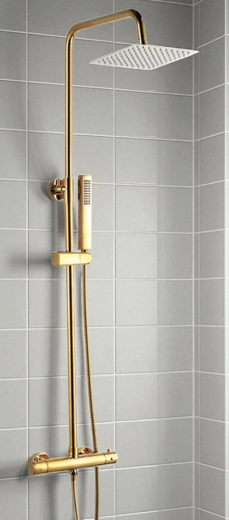 Colonna doccia con miscelatore | Set doccia minimalista, soffione a pioggia, sistema anticalcare, oro