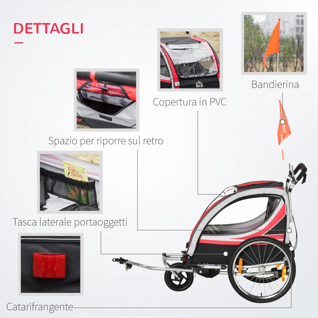 Passeggino Rimorchio da Bicicletta per 2 Bambini in Acciaio e Tessuto Oxford Rosso