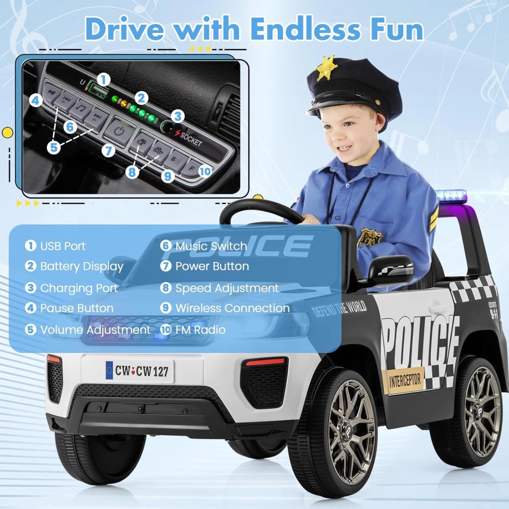 Macchina Elettrica della Polizia per Bambini 12V con Telecomando, Auto Elettrico a Pedale, Veicoli con Sirena, Musica, Fari LED, USB e Radio, 3 km/h, Carico 30 kg, 3-8 Anni (Bianco)
