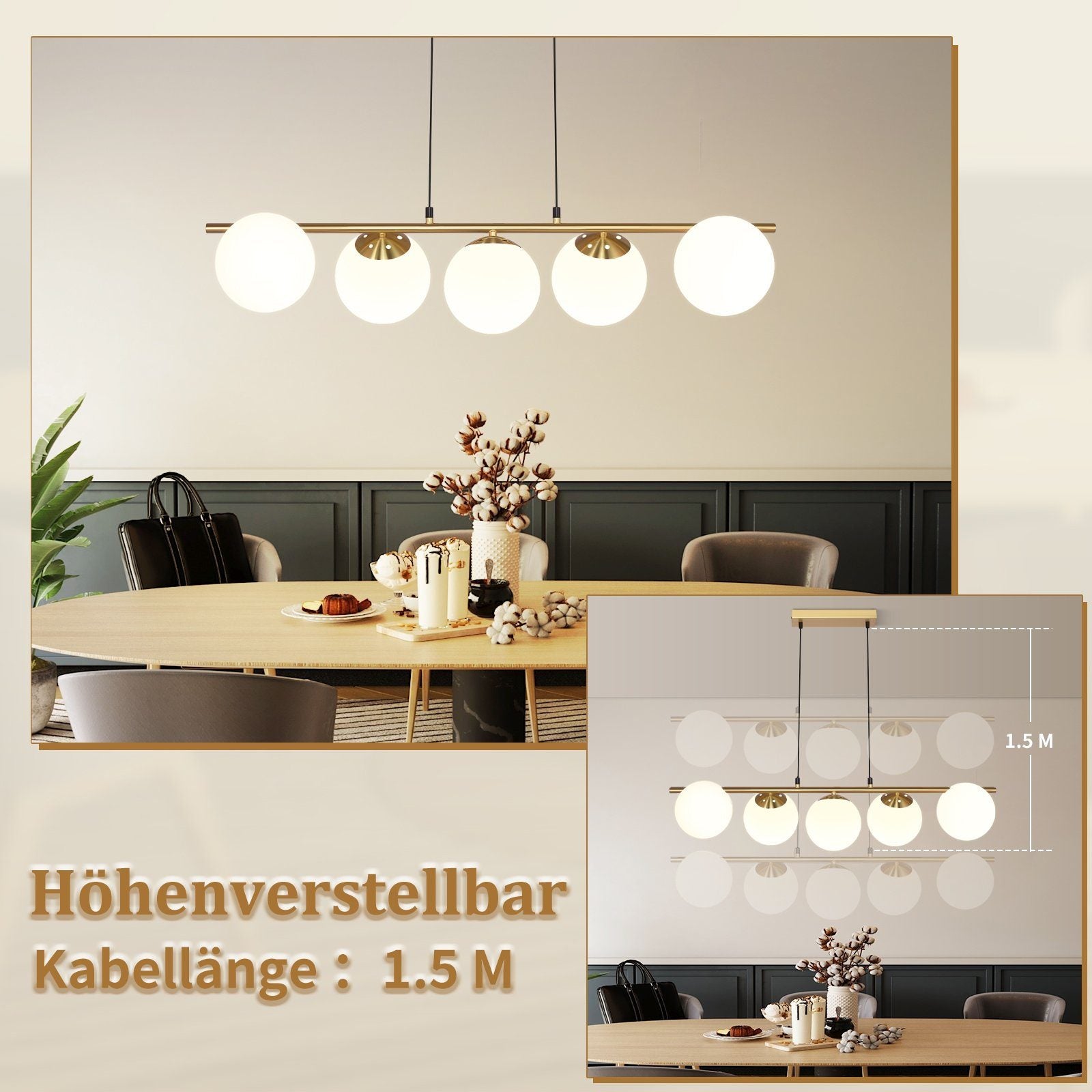 Lampada a sospensione ZMH vetro dorato diametro 90 cm altezza regolabile 150 cm E27 stile moderno