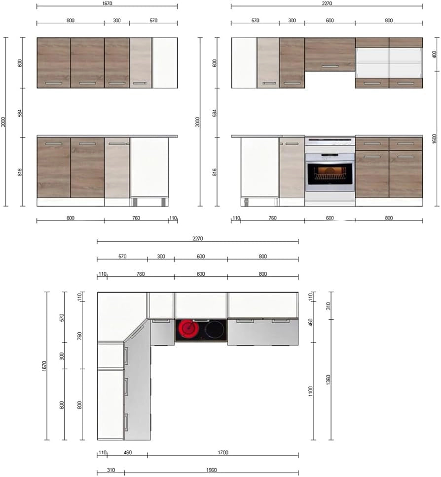 Cucina ad angolo Rick, Bianco/Sonoma, 230 x 60 cm, PL Marmo, con moduli regolabili e piedini ad altezza variabile