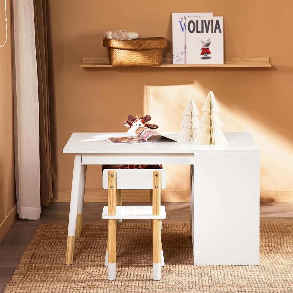 Tavolo per bambini con 2 sgabelli Set mobili per bambini Tavolo con spazio di archiviazione Bianco 90x60x53cm KMB113-W