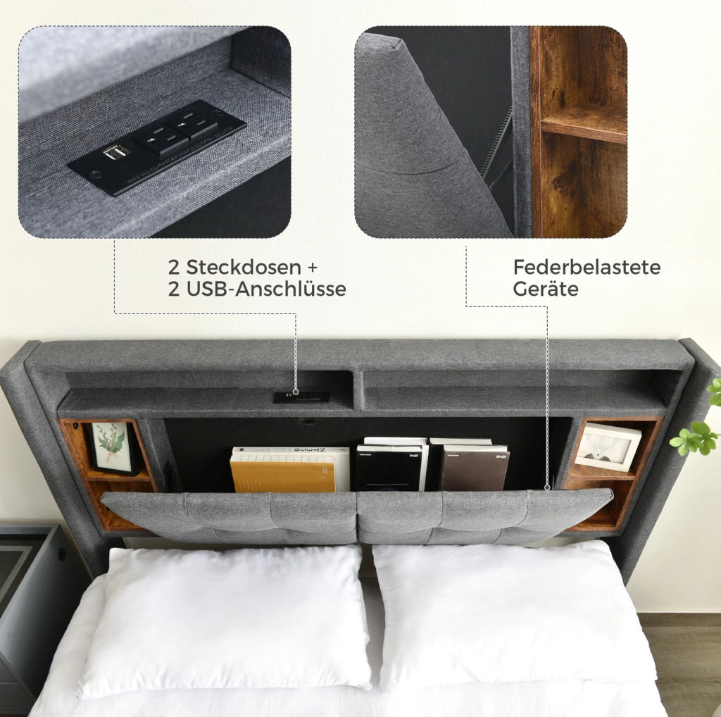 Letto imbottito 140x200 cm grigio con LED, USB, presa e materasso