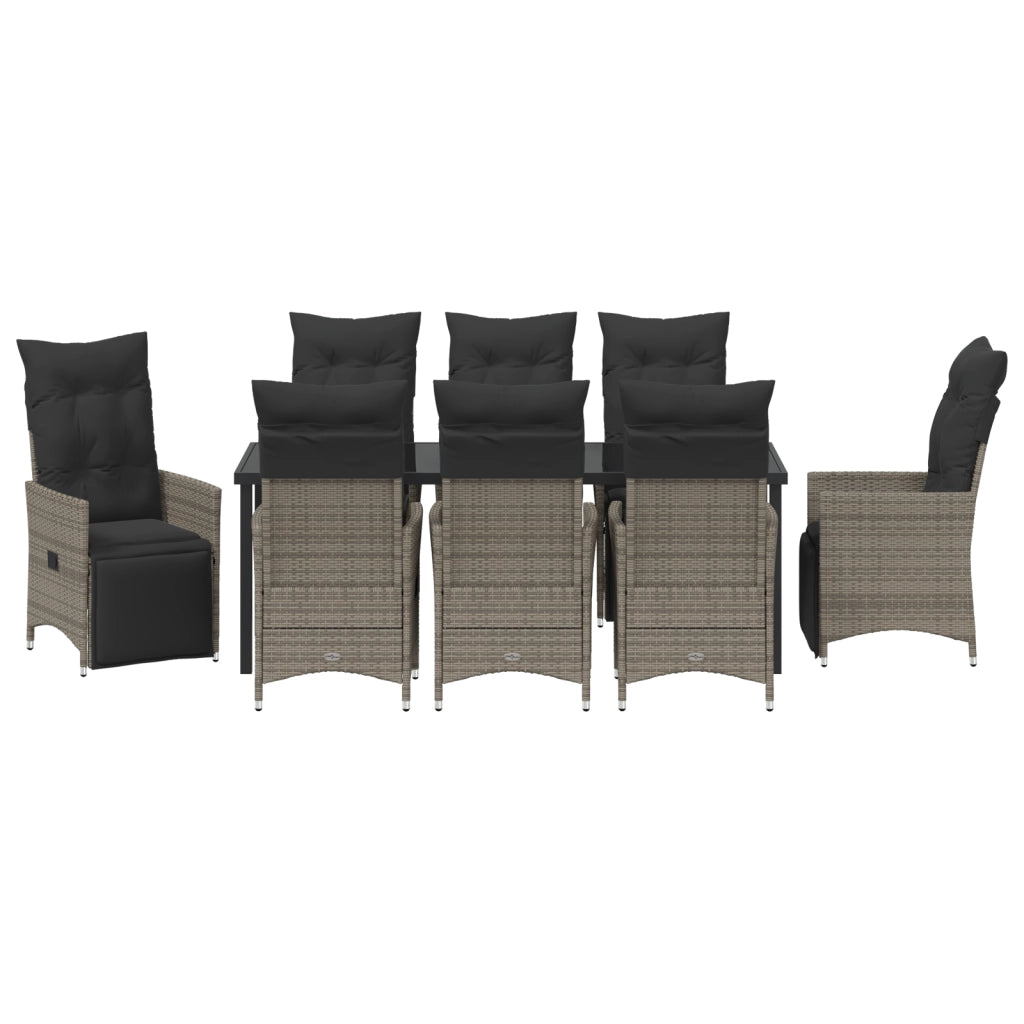 Set da Pranzo da Giardino 9 Pezzi con Cuscini Grigio Polirattan