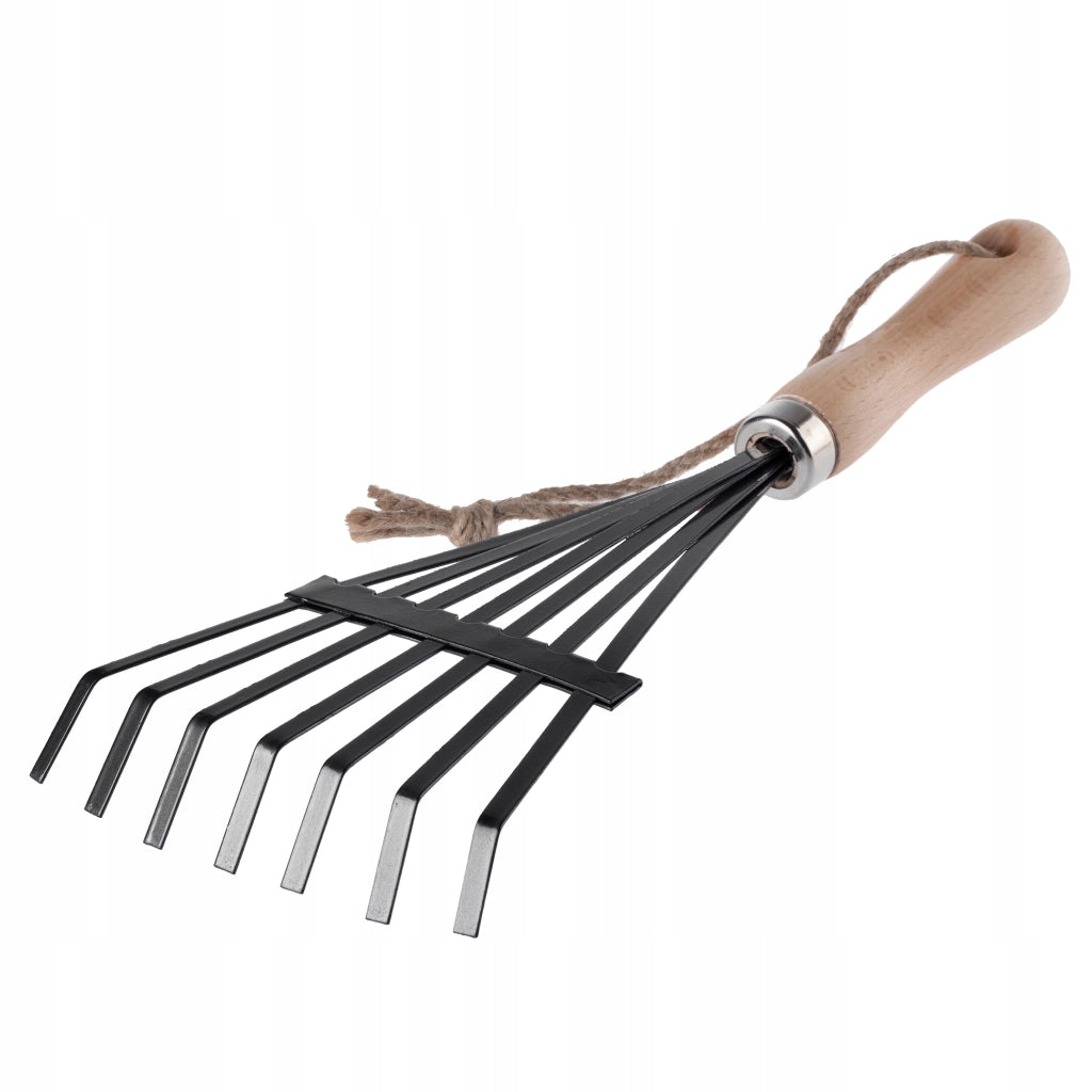 Rastrello da giardino in metallo KADAX, piccolo, 37 cm, con manico in legno a forma di ventaglio.