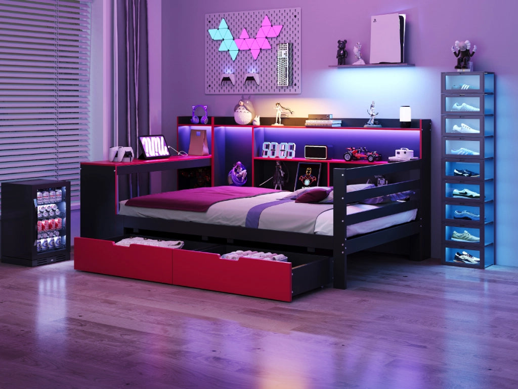 Divano letto in legno 90 x 200 cm nero+rosso; scrivania; scaffali; riporzione; illuminazione e prese integrate