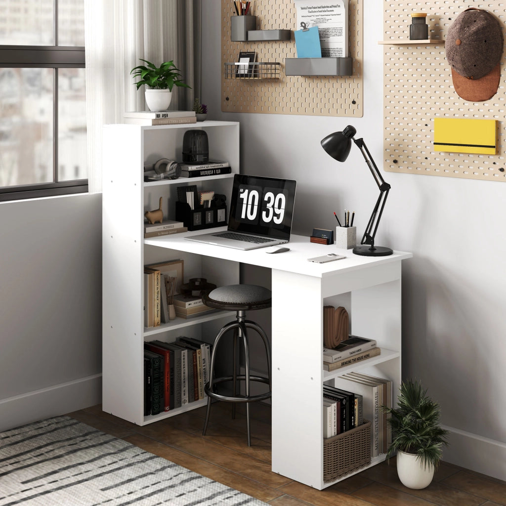 Scrivania con Libreria ¨C Xylo ¨C Bianco, Legno Ingegnerizzato, 120x55x120 cm, 2 Ripiani, 5 Scaffali
