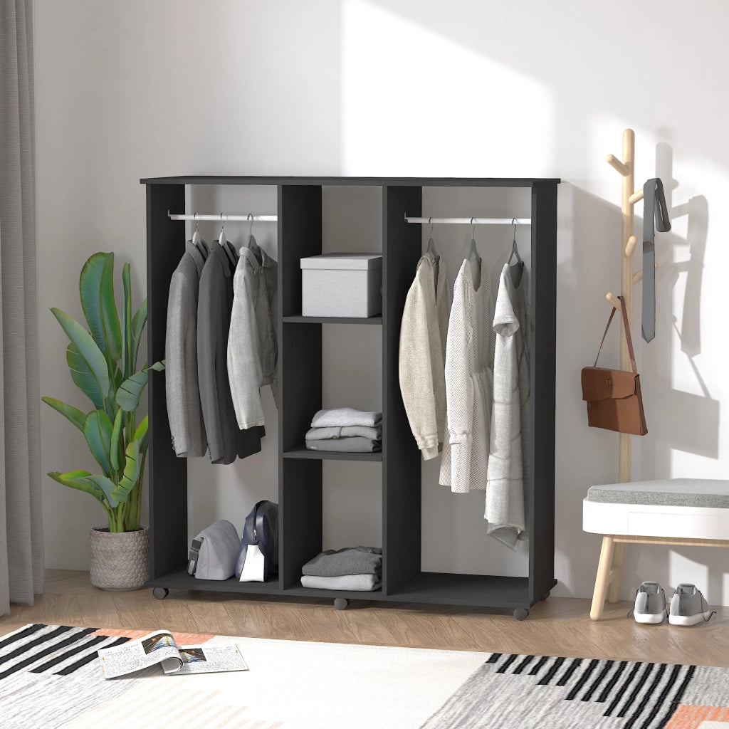 Appendiabiti con Ripiani ¨C Xylo ¨C 3 Ripiani 2 Barre Portaoggetti Metallo Nero 120x40x128 cm