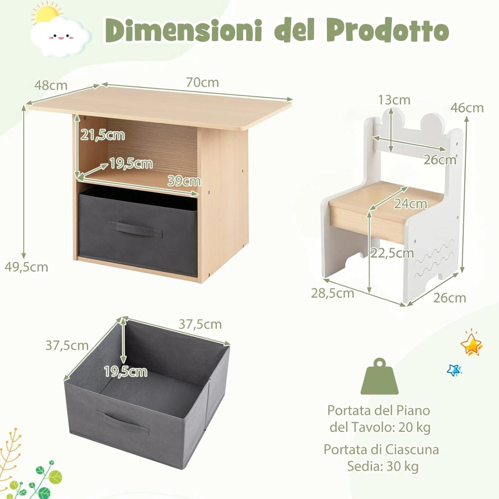Set di Tavolo e 2 Sedie per Bambini 3+ Anni, Tavolo e 2 Sedie in Legno con Scomparti Doppio Lato e Cassetto Pieghevole in Tessuto, Ideale per Leggere, Giocare per Cameretta Bambini (Bianco)