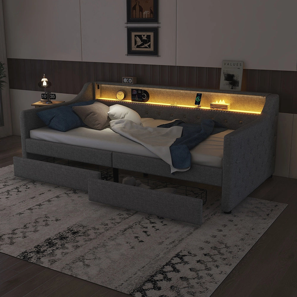 Letto singolo con cassetti e illuminazione - Xylo - 90x200 cm - Grigio