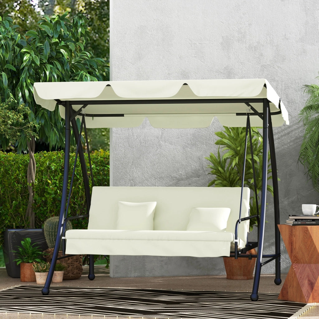Altalena Hollywood a 3 posti con funzione reclinabile e parasole regolabile per giardino e terrazzo bianco crema.