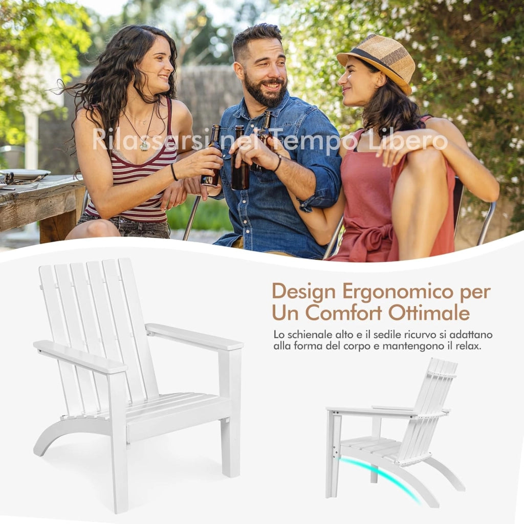 Sedia da Giardino in Legno, Poltrona Esterno Schienale, Sedia Adirondack per Cortile, Piscina, Balcone e Giardino, Capacità di Carico 160 kg, 73 x 68 x 85 cm (Bianco)