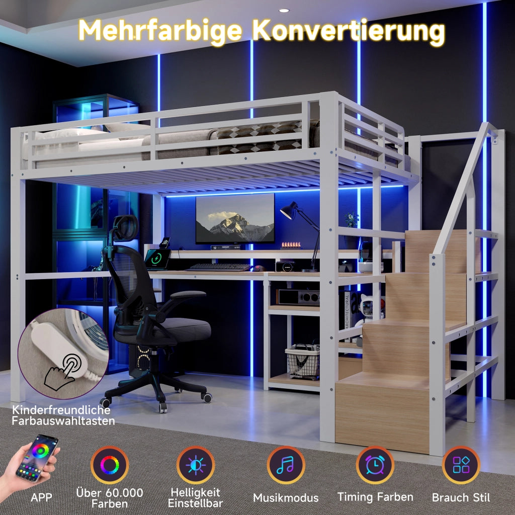Letto a soppalco 140 × 200 cm con armadio scala ripiano LED USB e Type-C in metallo e MDF bianco