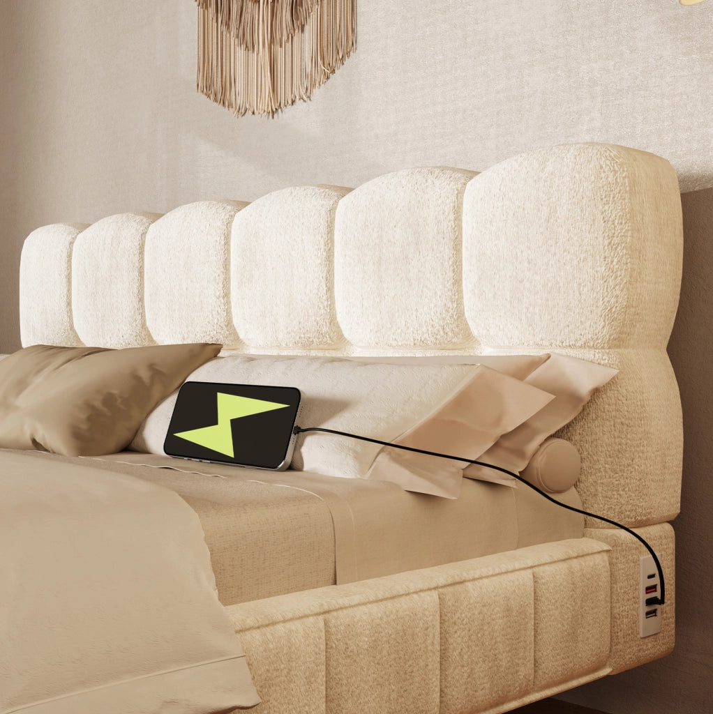Letto imbottito 140x200 cm con contenitore, LED e USB in ciniglia beige