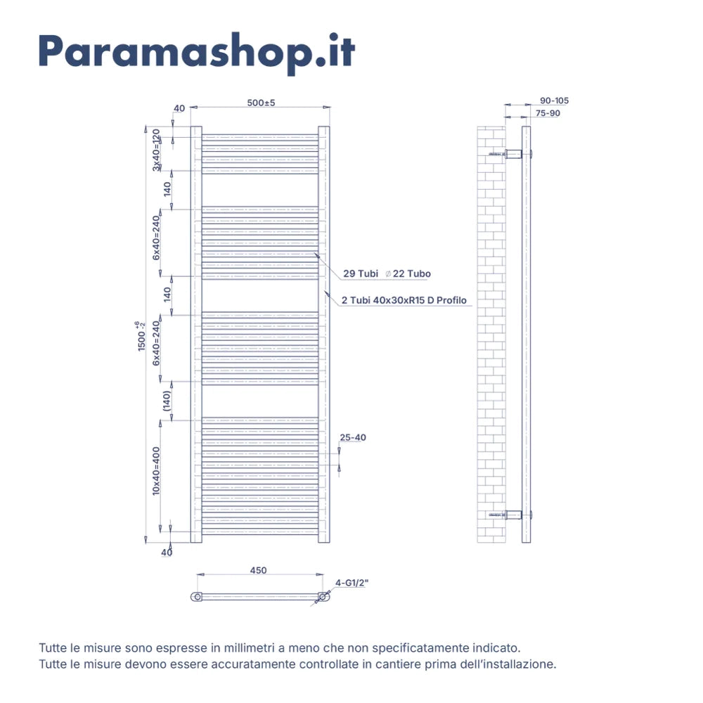 Termoarredo idraulico 1500x500 oro rosa interasse 450 | Polaris