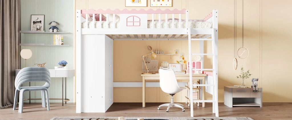 DESMIU Letto a soppalco per bambini singolo con LED, armadio e cassetto 90 × 200 cm, senza materasso, pino bianco