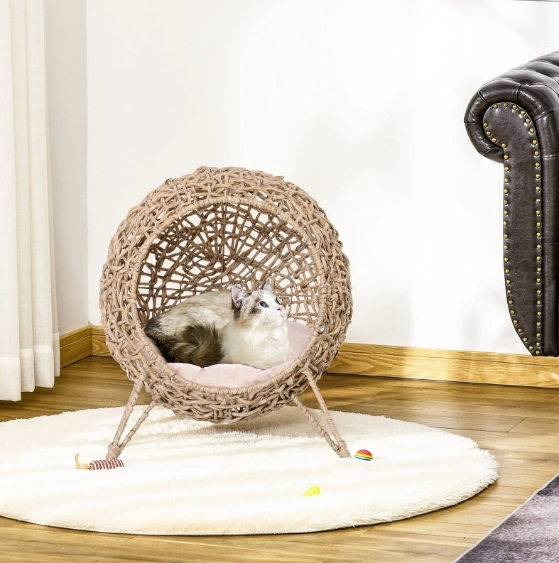 Cuccia rialzata per gatto in rattan sintetico marrone con cuscino