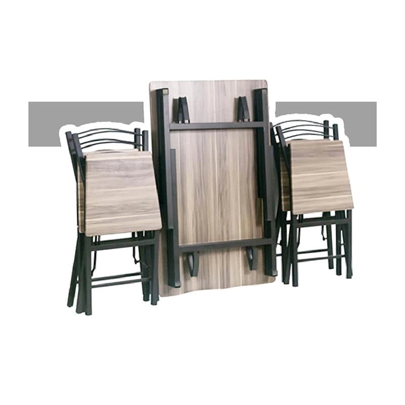 SET ZOY CON TAVOLO E 4 SEDIE PIEGHEVOLI COLORE NERO E ROVERE, STRUTTURA IN METALLO E SEDUTA IN LEGNO
