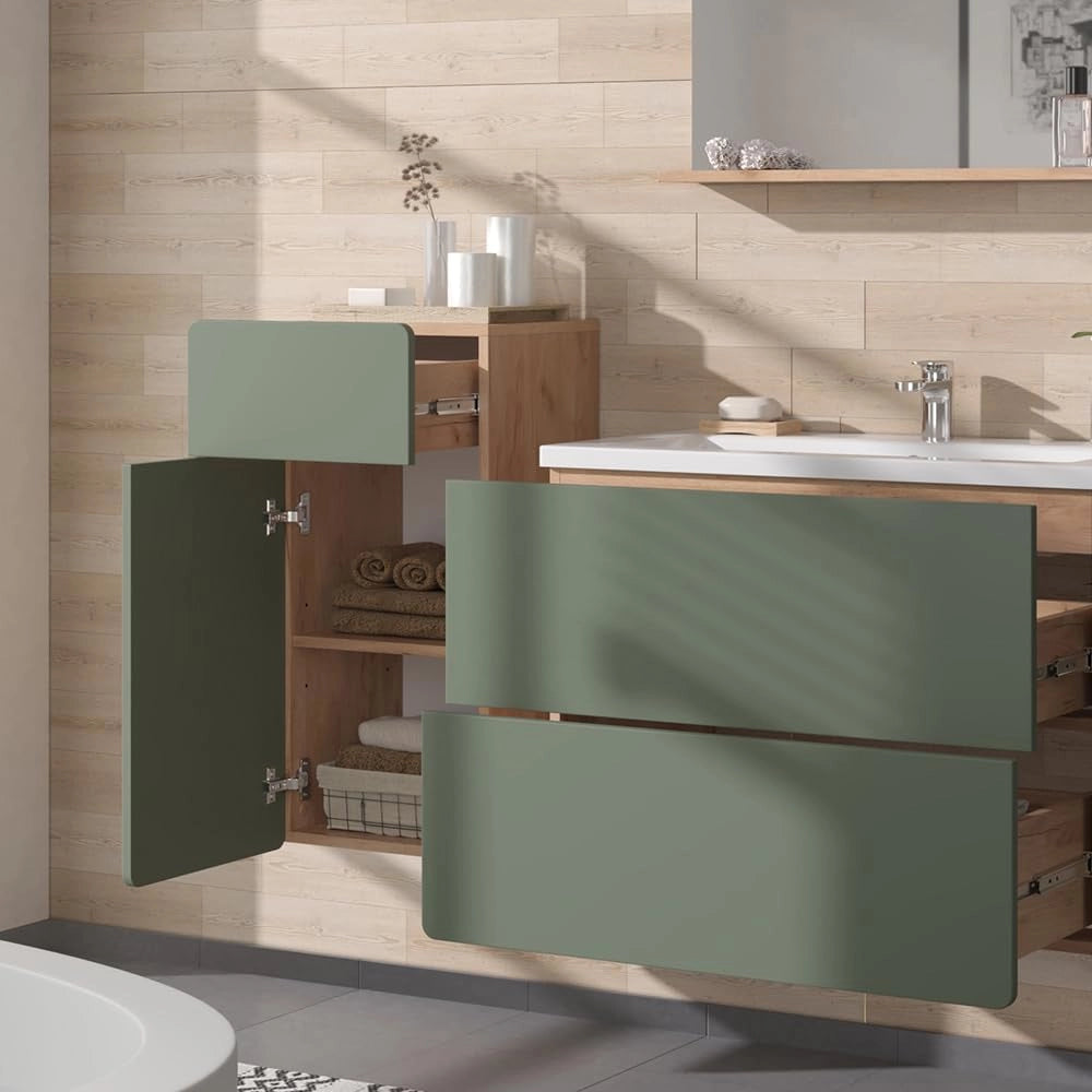 mobiletto bagno Izan, Goldkraft rovere/verde, 36.6 x 76.6 cm con cassetto e anta