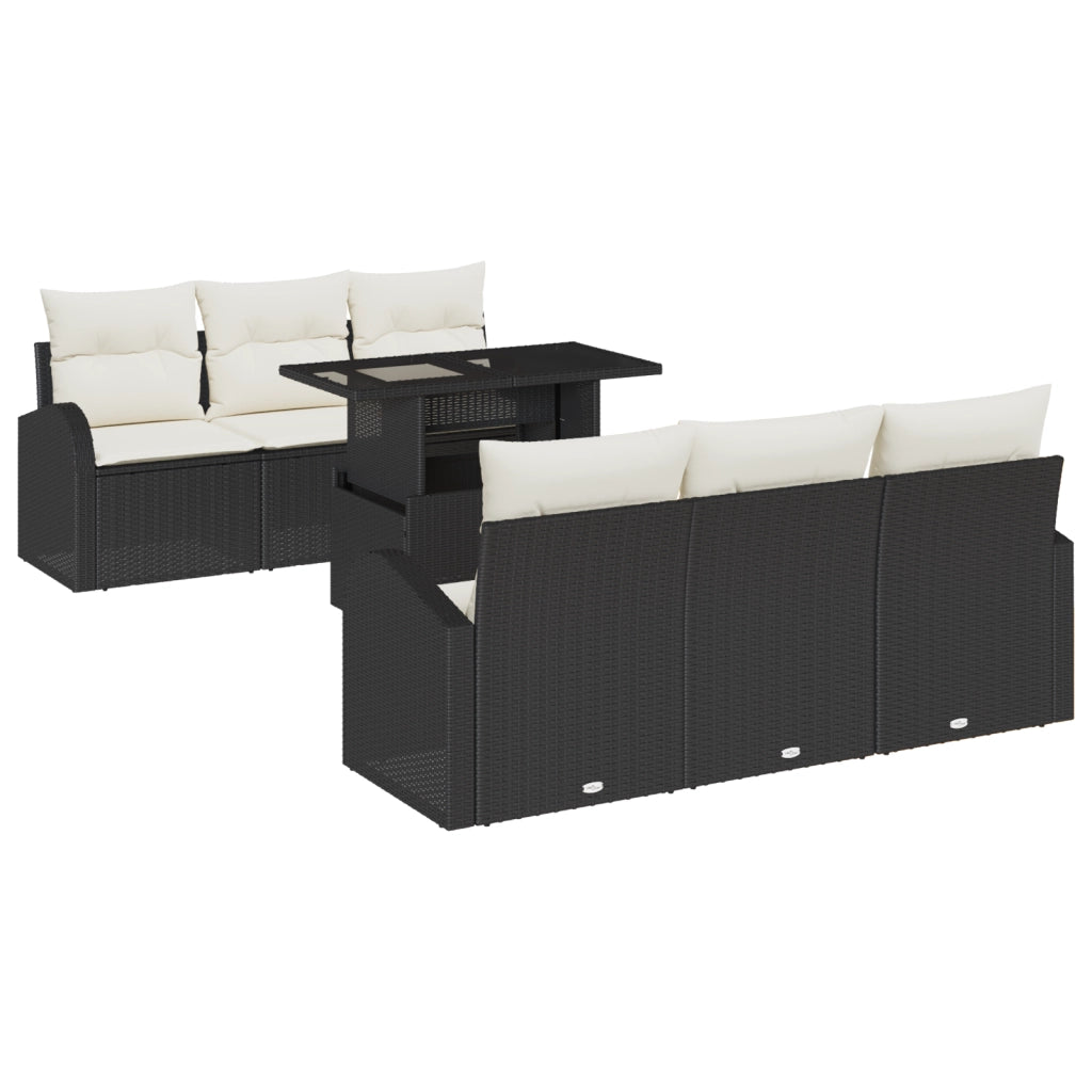 Set Divano da Giardino da 7 Pezzi con Cuscini Nero Polyrattan