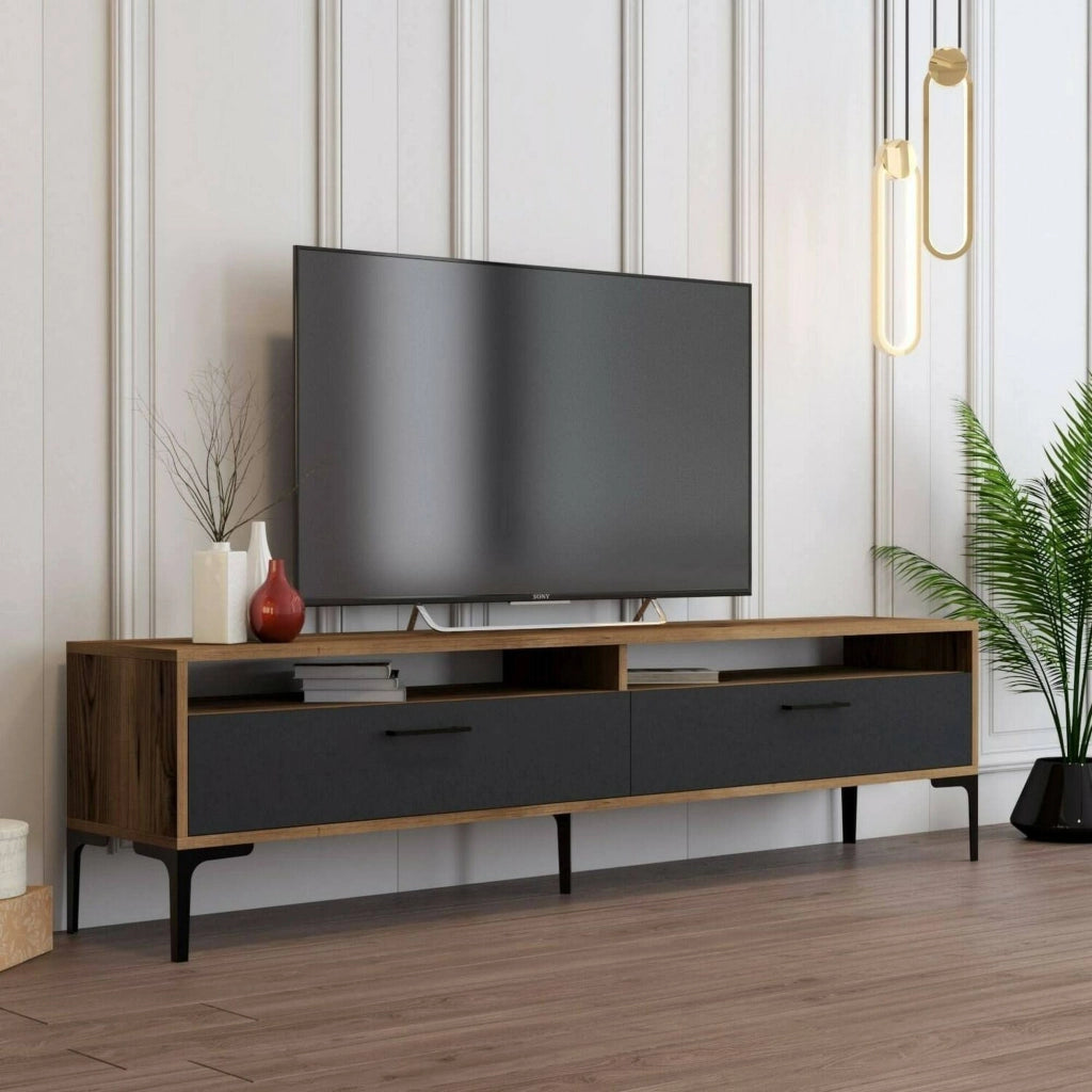 Mobile porta TV Angiari, Credenza da soggiorno, Armadio basso per TV, Base parete attrezzata, 180x47h35 cm, Noce e Antracite