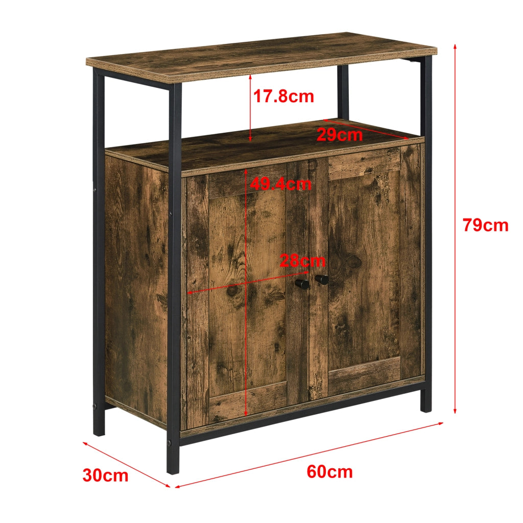 Comò / Credenza (AxLaxP) 79 x 60 x 30 cm Mobile per Soggiorno/Cucina/Camera da Letto - Telaio Laterale in Ferro, Armadietto a 2 Ante e Ripiani - Effetto Legno Scuro