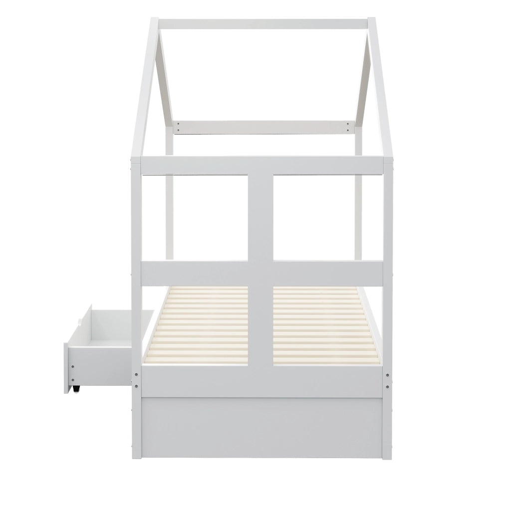 Letto singolo a casetta 90x190 cm con cassetto; scarpiera compatta e LED multicolore; bianco