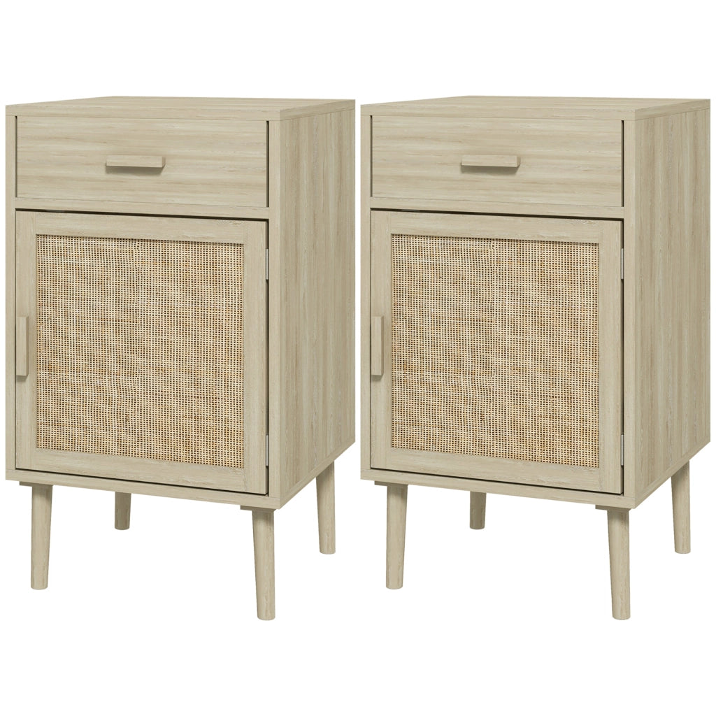 Comodino Camera da Letto con Cassetto e Anta in Rattan ¨C Zephmum ¨C Legno