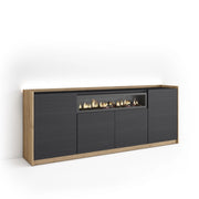 Credenza, Mobile, Cucina, 207x80x37 cm, 4 Porte, Camino elettrico, LED, Nero e rovere