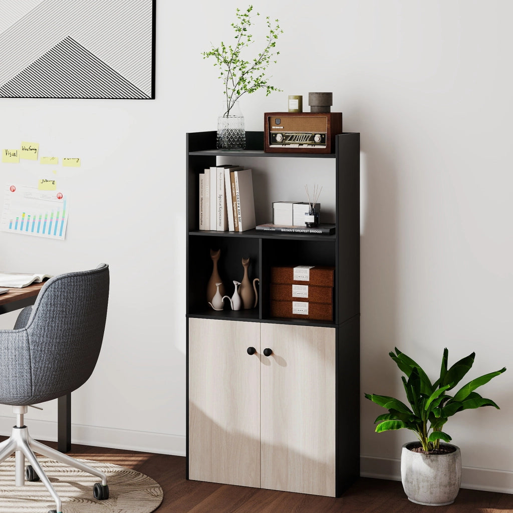 Armadio da 5 ripiani in legno con 2 ripiani aperti 2 scomparti, Libreria alta 140 cm con ante per camera soggiorno studio Marrone