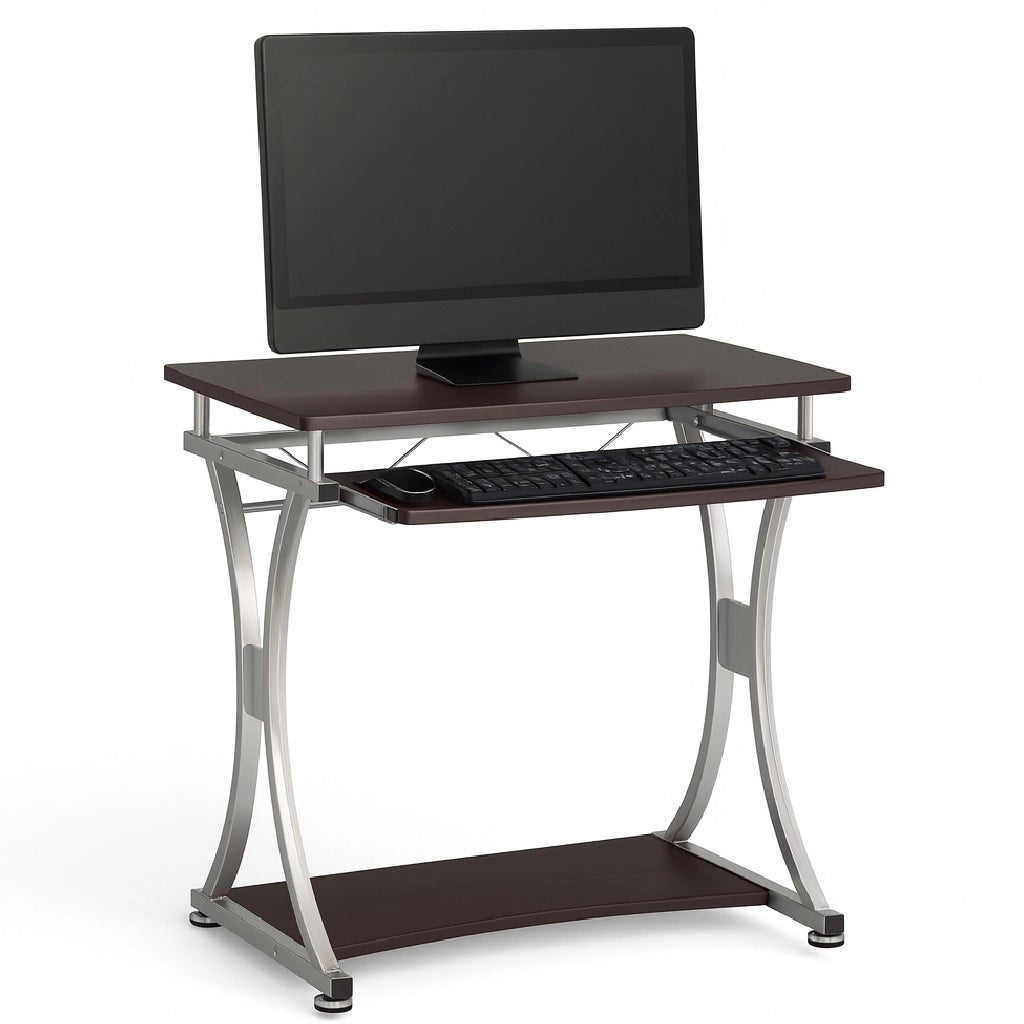 Scrivania Porta PC Tavolo Studio con Porta Tastiera e Ripiani Metallo e Legno Silver Marrone
