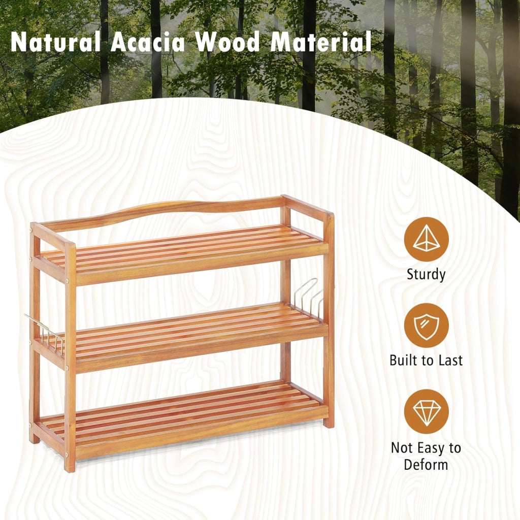 Scarpiera 2/3Ripiani in Legno di Acacia, Scaffale Portascarpe con Ganci Metallici Laterali, Gambe Rialzate, Ogni Piano può Contenere 4-6 Paia (3 livelli)