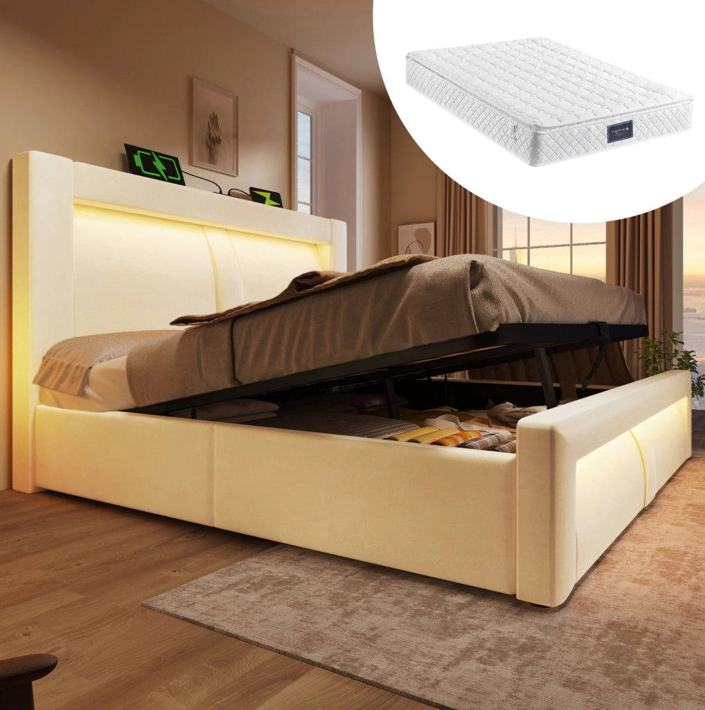 Letto matrimoniale 160x200 cm con contenitore; LED; USB e Type-C; in velluto beige; con materasso