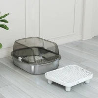 Lettiera per Gatti Coperta con Piatto in Acciaio Inox Bordi Alti Pala Pedana e Zona per la Caduta della Sabbia Grigio