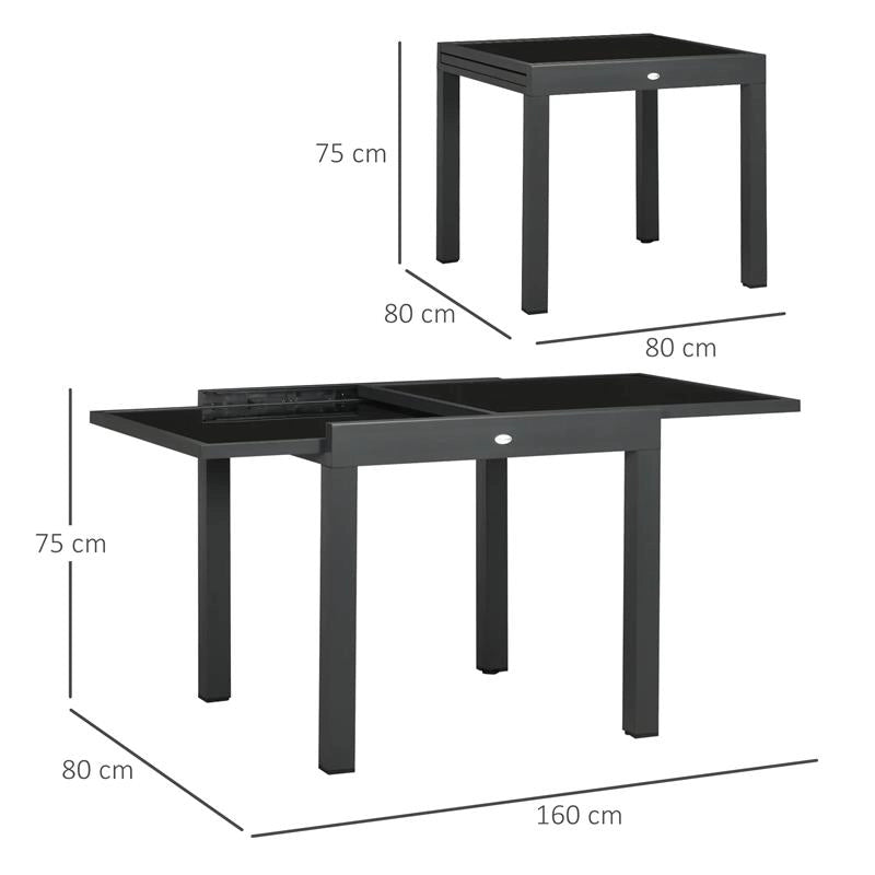 TAVOLO DA PRANZO ALLUNGABILE DA GIARDINO CON PIANO IN VETRO E ALLUMINIO 80-160X80X75 CM NERO