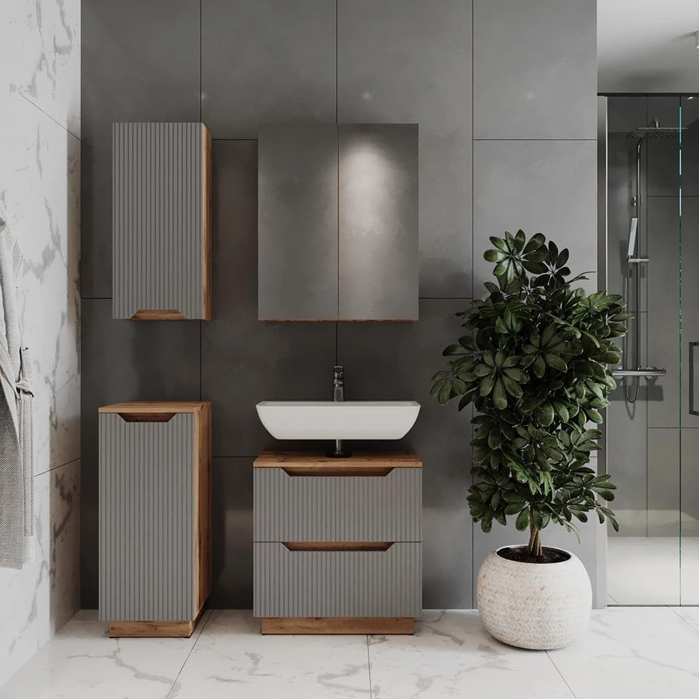 Set di mobili da bagno Lotta, Grigio, 59.8 cm, composto da mobile sottolavabo, specchiera, armadio medio e pensile