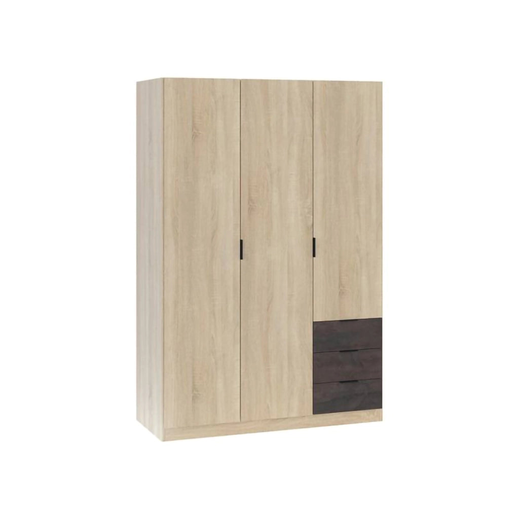 Guardaroba Apaches, Armadio per camera da letto a 3 ante e 3 cassetti, Mobile con barra appendiabiti e 3 ripiani cm 121x80h180, Rovere e Ossido